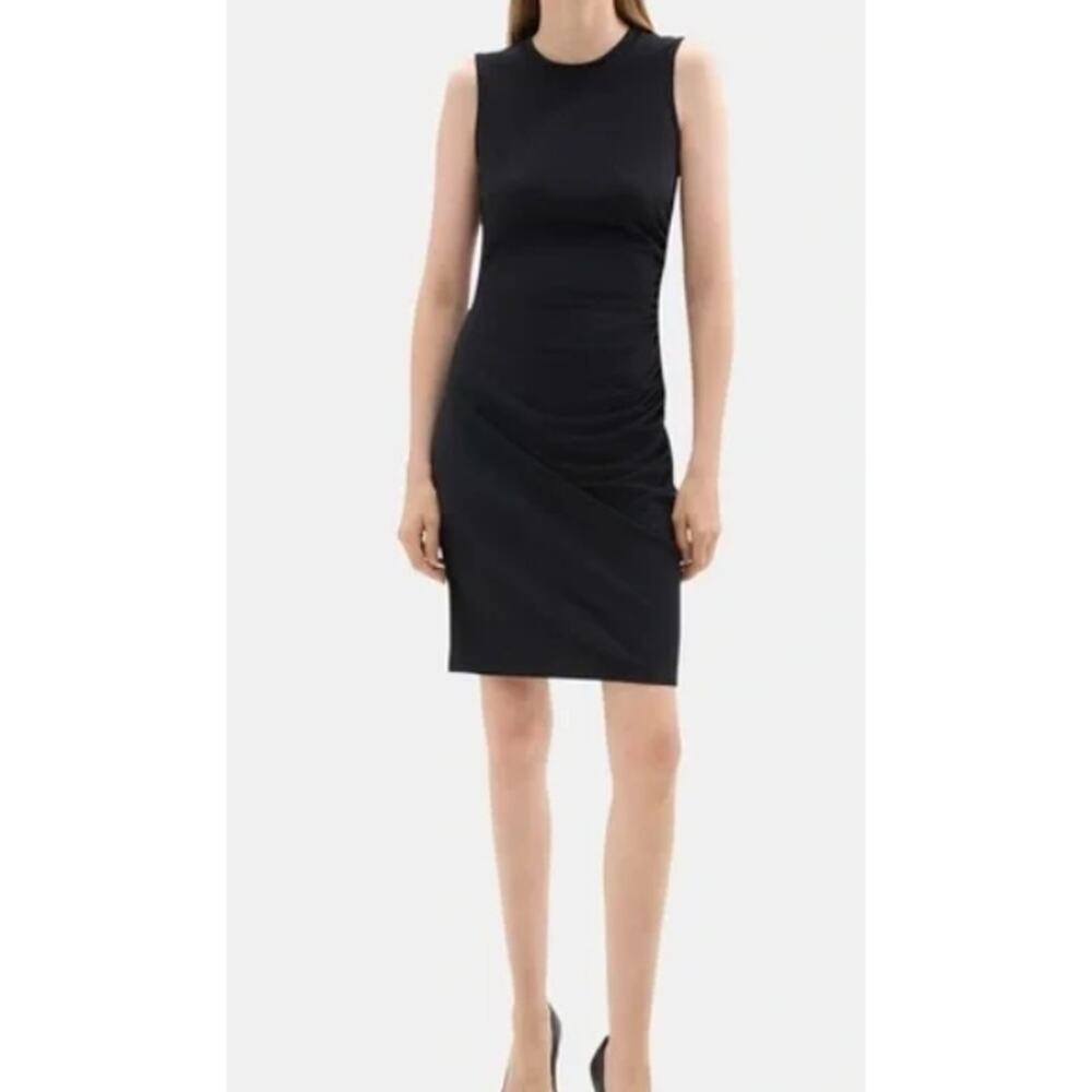 Theory Gathered Waist ruched Viscose Black crew neck Dress Sleeveless Size M